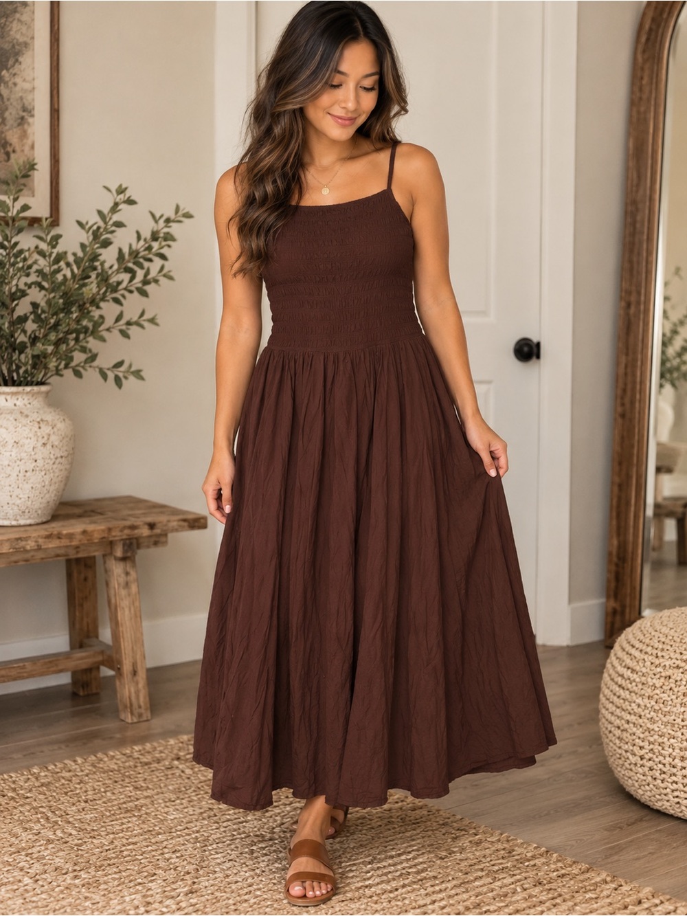 Smocked Bodice Brown Maxi Dress with Spaghetti Straps